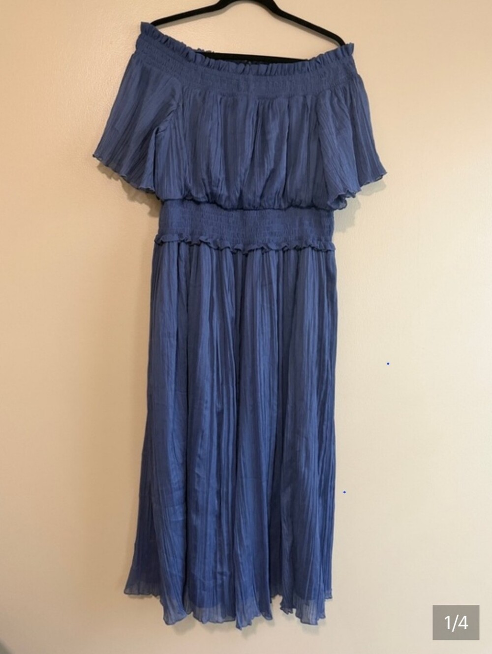 Navy Blue Off-Shoulder Pleated Midi Dress